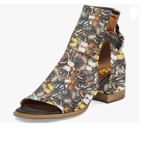 FSJ Brown Butterfly Print Peep Open Toe Cut Out Buckle Block Low Heel Ankle Boot - Picture 1 of 8